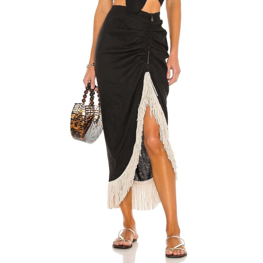 Just BEE Queen Mallorca Skirt Black Linen Fringe Detail Resort